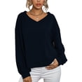 thumbnail image 1 of Prendas de punto Mujer Cuello en V Linterna Manga larga Suéter de punto suelto Camisa de tejer Top para otoño Azul marino L, 1 of 6