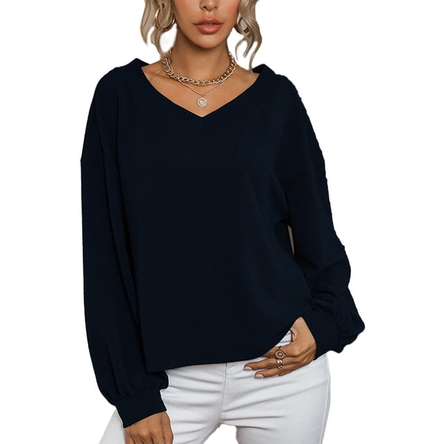 Prendas de punto Mujer Cuello en V Linterna Manga larga Suéter de punto suelto Camisa de tejer Top para otoño Azul marino L