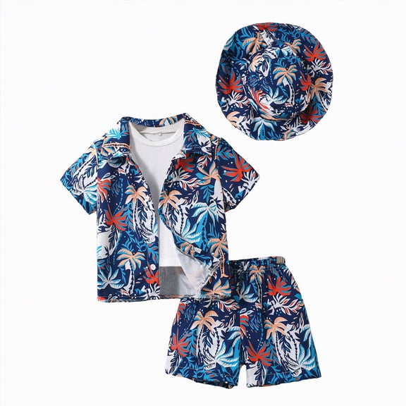 Splozh Toddler Boy Matching Set Toddler Boy Clothes Little Kids Summer Outfits Short Sleeve Button Down Shirt Top Shorts Set with Hat Boy's Clothing Beach Vacation Outfits 2-3 Years,Dark Blue