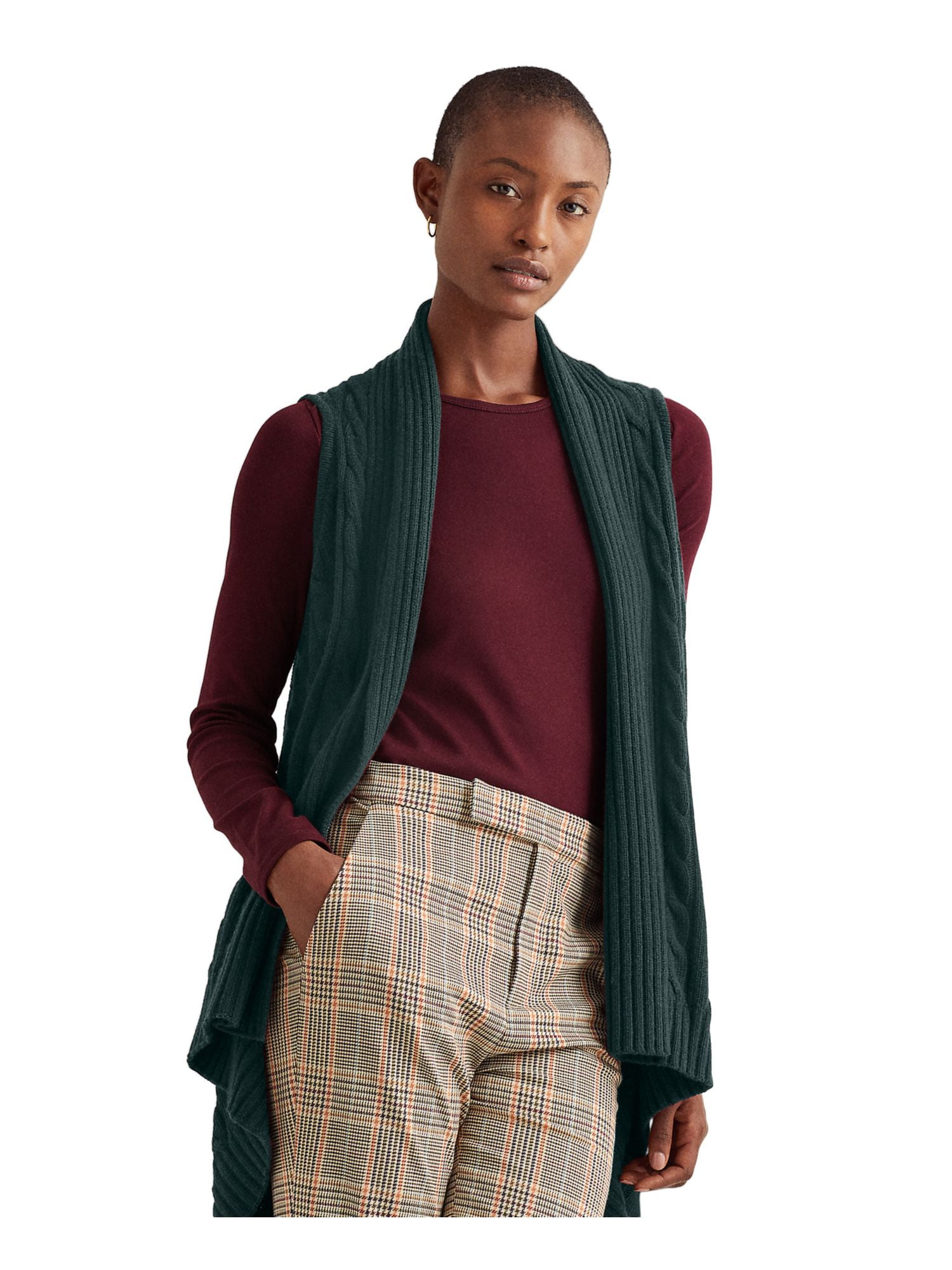 RALPH LAUREN Womens Green Cable-knit Sleeveless Open Cardigan Vest Sweater  S\M 