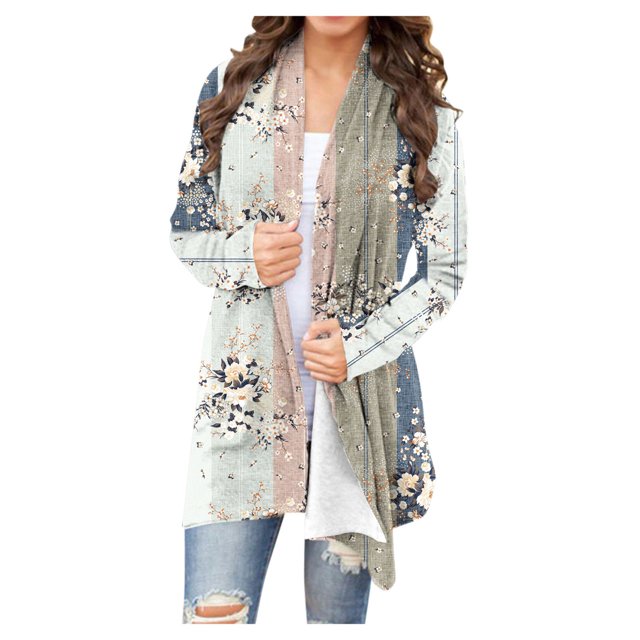 ICHUANYI Clearance Women's Fashionable Long Sleeve Round Neck Floral Printed Cardigan Jacket(Gray, M) ICHUANYI WER2023081503599