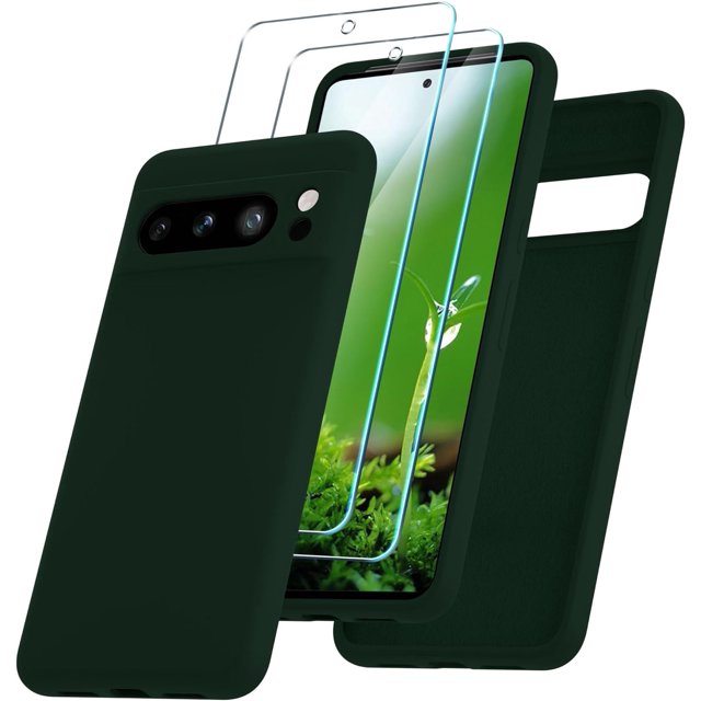KOMI for Google Pixel 8 Pro Case, Silicone Phone Case with 2 Screen Protector, Soft Anti-Scratch Microfiber Lining, Full Body Shockproof Slim Cover Support Wireless Charging, DarkGreen