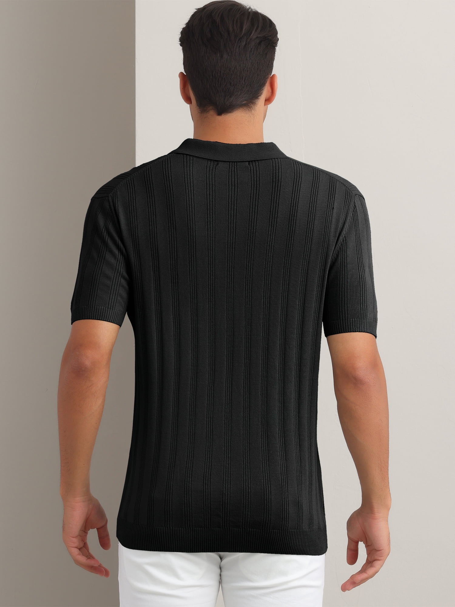 DARING DIVA Men's Short Sleeve Button Regular Fit Knit Texture Collared Polo Shirt M Black