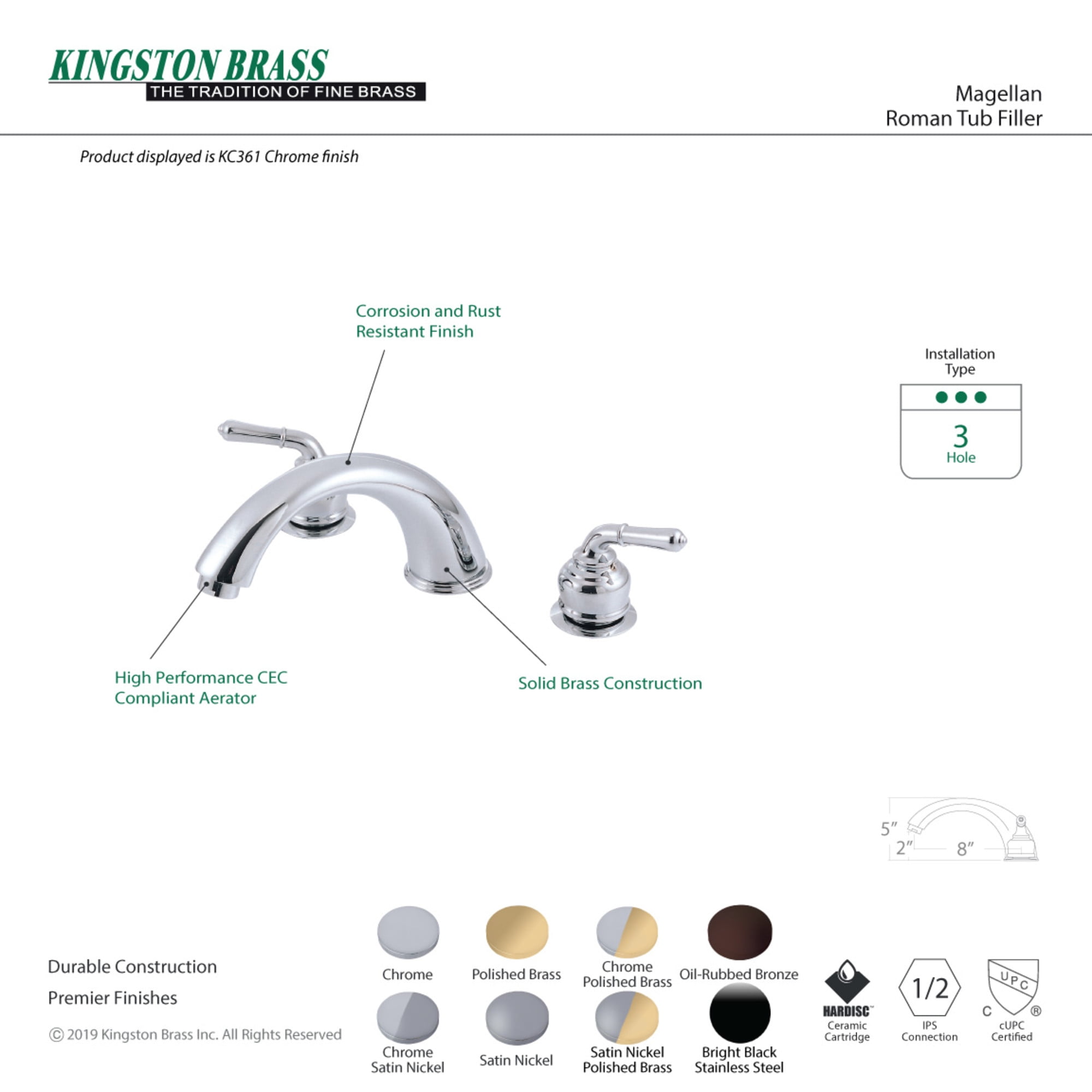 Kingston Brass KC362 Magellan Two-Handle Deck Mount Roman Tub Faucet, Polished Brass