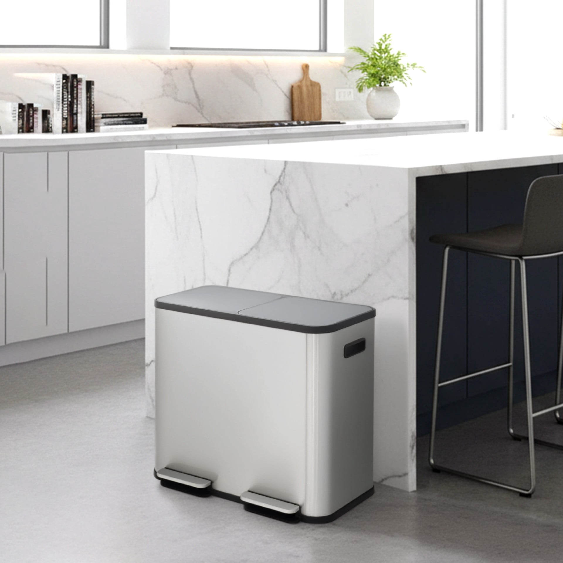 Simpli-Magic 21 Gallon Kitchen Trash Can, Stainless Steel Rectangular Step Garbage Bin with Lid, Dual Compartment Trash and Recycling, Silver