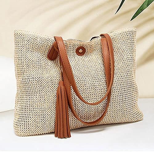 LinYooLi Women Straw Crochet Tote Bohemian Summer Beach Bag Large Handmade Shoulder Bag