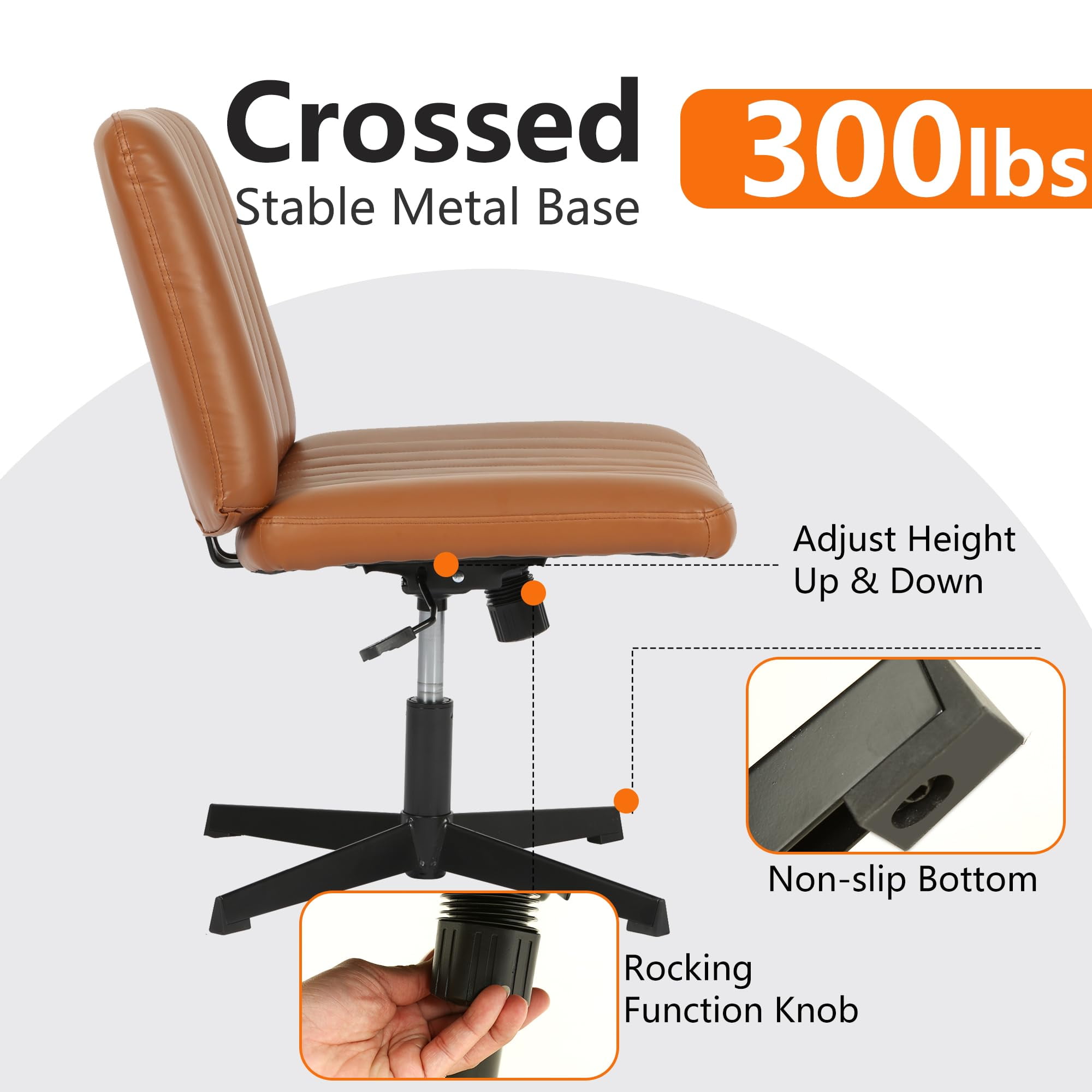 NiamVelo Criss Cross Chair, Armless Cross Legged Desk Chair Wide Seat Computer Task Chair Modern Height Adjustable Mid Back Chair No Wheels （Brown）