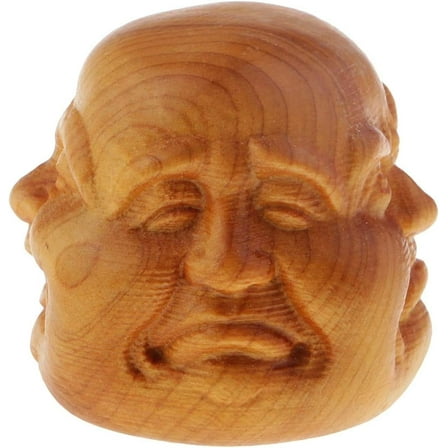 Wood Buddha Head Statue 4 Faces Buddhist Wooden Figure for Indoor