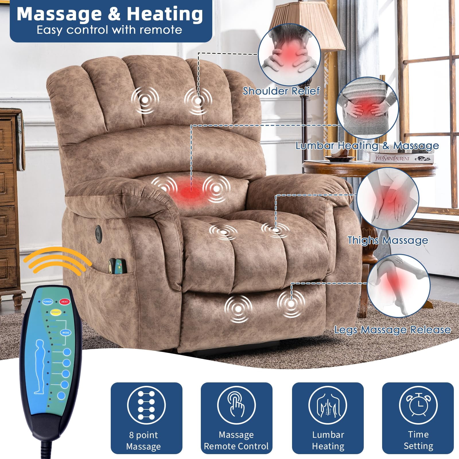SOCIALCOMFY Large Electric Power Lift Recliner Chair with Extended Footrest for Elderly Big Man, Overstuffed Heated Massage Wide Reclining Sofa with 2 Remote Controls, Side Pockets & USB Ports, Brown