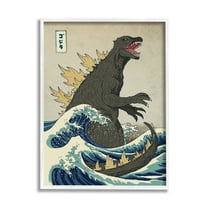 Stupell Industries Godzilla in the Waves Eastern Poster Style Illustration Print Framed Art Print Wall Art, 16x20, By Michael Buxton