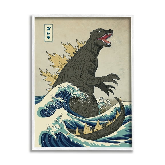 Stupell Industries Godzilla in the Waves Eastern Poster Style Illustration Print Framed Art Print Wall Art, 16x20, By Michael Buxton