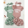 thumbnail image 3 of BemeyourBBs Newborn Baby Girls Summer Clothes Baby Girls Daddy's Girl Outfit 0 3 6 12 18 Months Letters Print Short Sleeve Ribbed Romper Floral Ruffled Shorts Set Hairband, 3 of 9