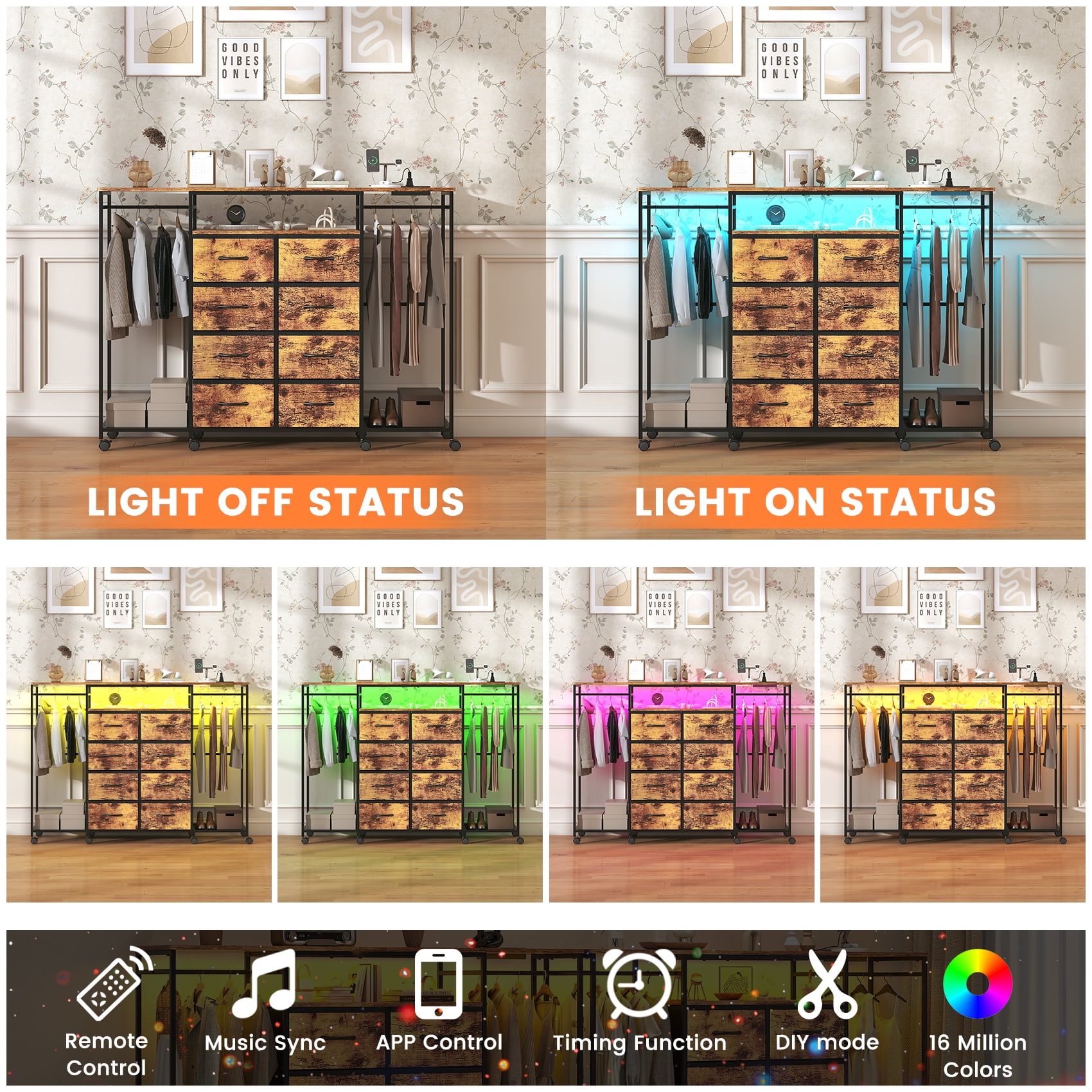 Frmobepts Dresser with Clothes Rack, 8 Drawers Dresser with Charging Station & LED Lights, Brown Storage Unit with Wheels for Bedroom, Closet