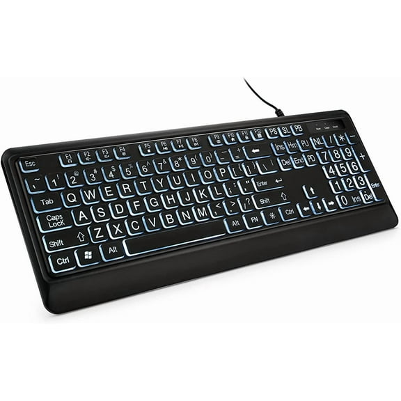 Large Print Backlit Keyboard, USB Wired Computer Full Size Keyboard with White Illuminated LED Compatible for Windows Desktop, Laptop, PC, Gaming, Black