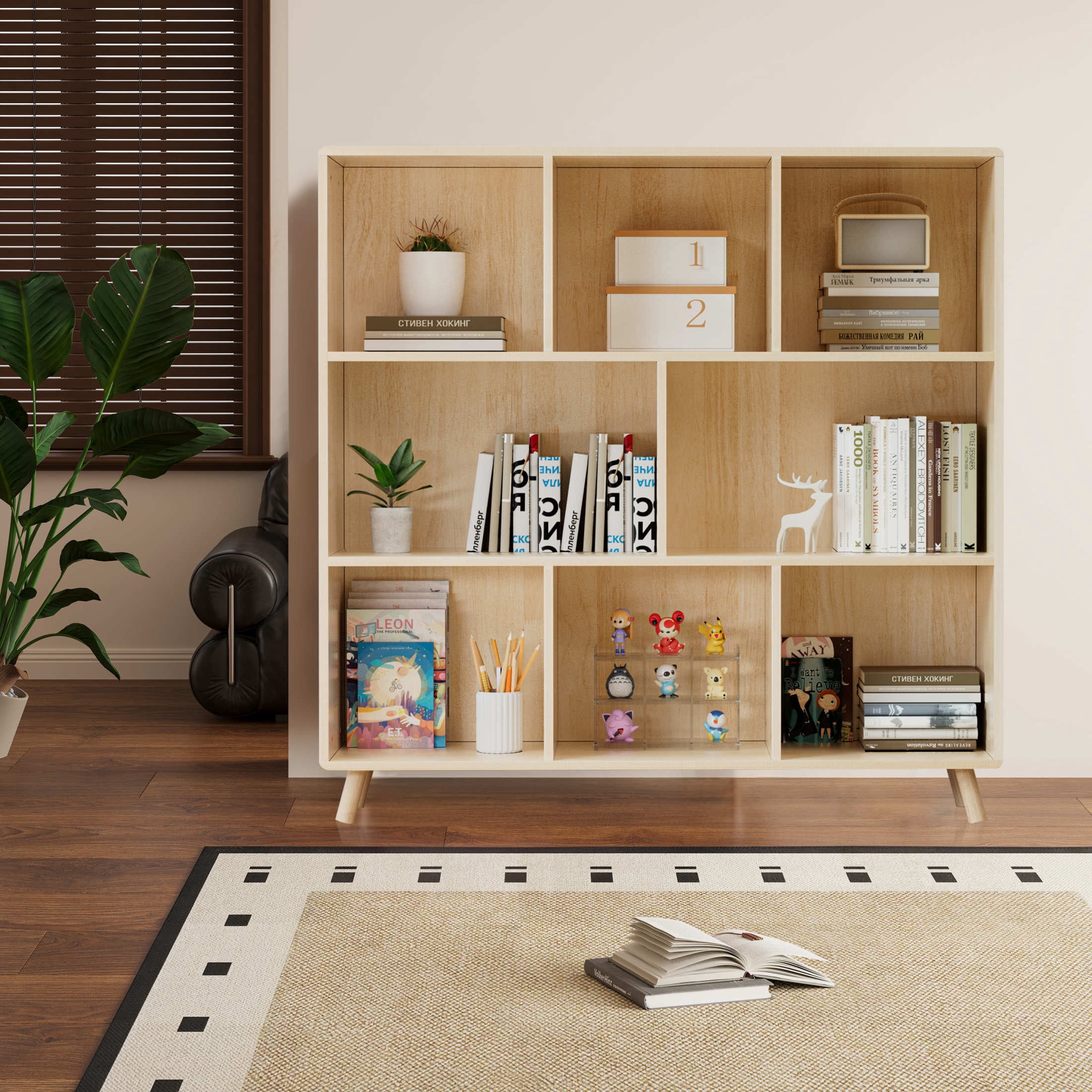 Noble House 44" Storage Cabinet Bookshelf, 8-Compartment Solid Pine Wood Fixed Shelf Bookcase Organizer, Natural