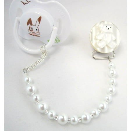 Teddy Bear with Simulated Pearls Pacifier Clip