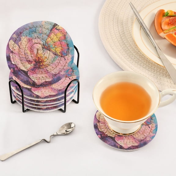 BZSMCE 6Pcs Drink Coasters With Holder 3.94Inch Butterfly and Flower Painting Creative Coil Coaster Coasters Colors Absorbent Coasters for Drinks Coasters Set Thicken Heat for Home Table