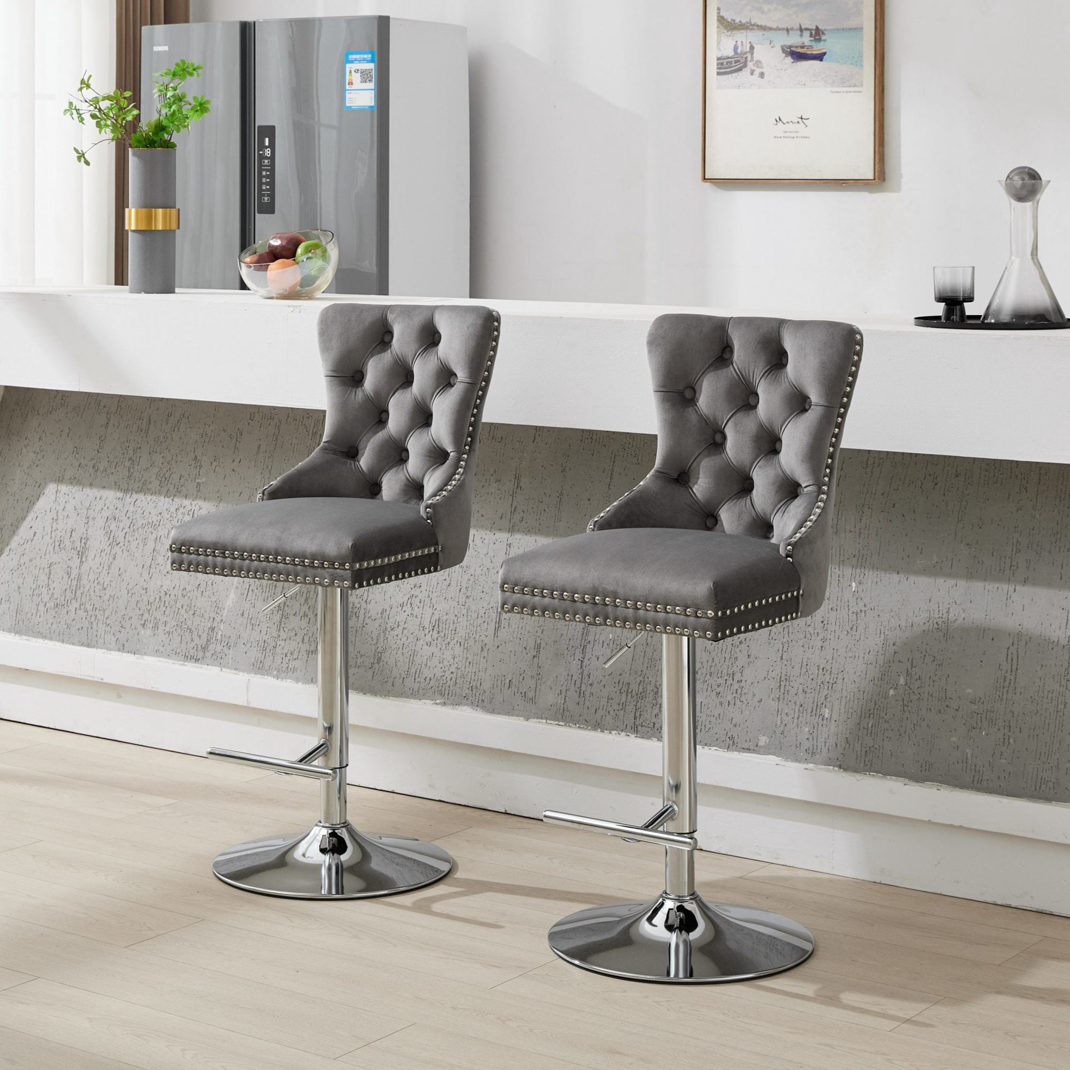 Noble House Set of 2 Swivel Barstools, Adjustable 27-35" Height, Tufted Velvet Upholstery, Gray