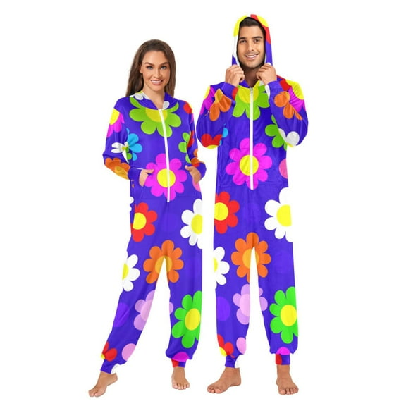 Colorful Flower Pattern Adult onesie Pajamas, Crystal Velvet Ultra Soft Warm Jumpsuit for Men and Women