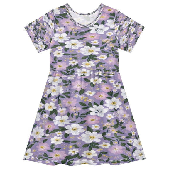 Toddler Girls Short Sleeve Summer Dress, Cute Casual Print Dress for Girls 2-8 Years, Soft Breathable Comfortable Daily Beach Party Dress Dainty Floral Seamless Print