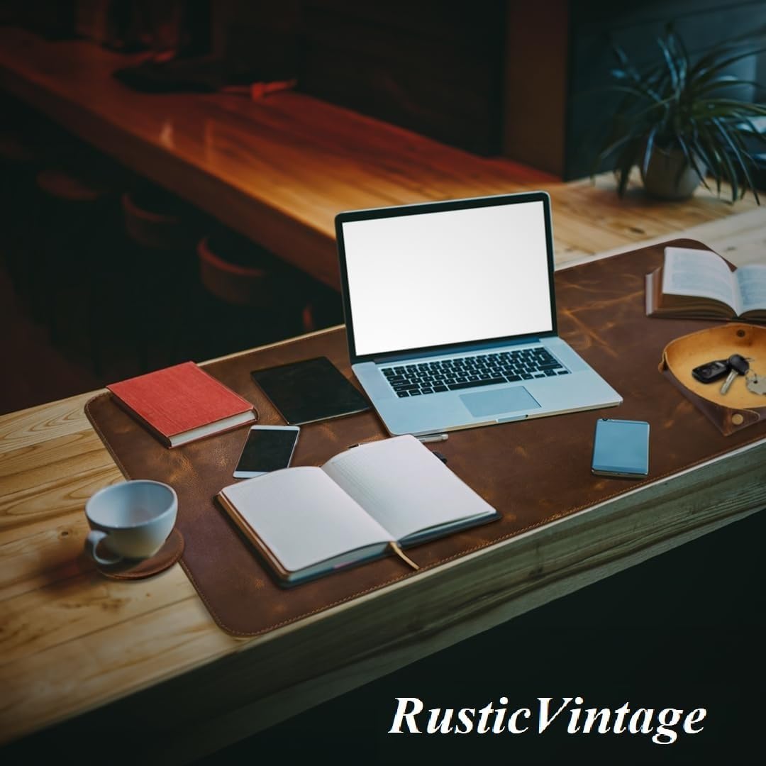 RusticVintage (32 X16 inch) Geniune Leather Deskmat with 1 Tray & 1 Coaster, Big Size, Waterproof Non Slip Desk Blotter Protector Large Mat for Keyboard Deskpad for Computer Laptop Office Accessories