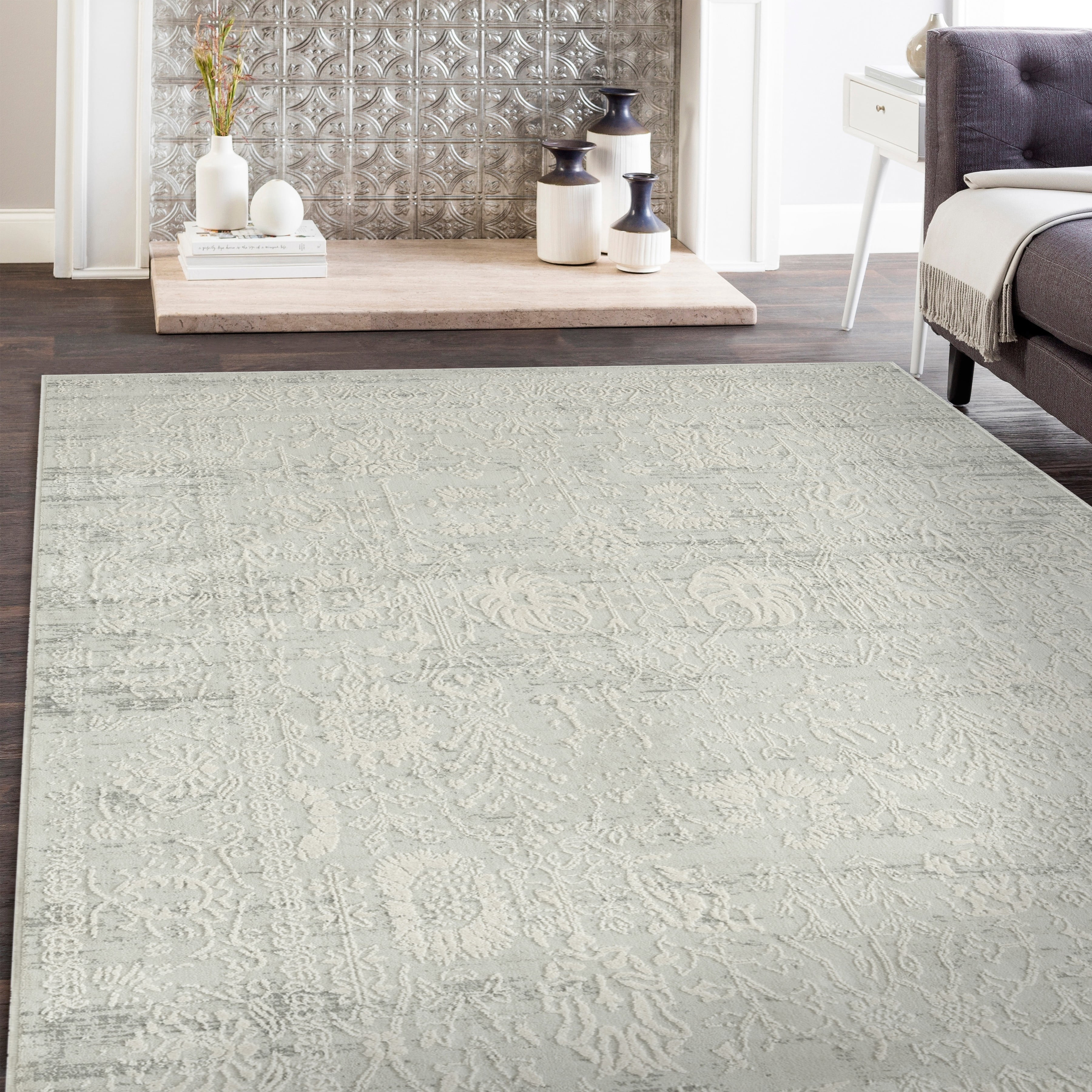 LR Home Isone Jesery Ivory/Gray Transitional Floral Polyester Blend Area Rug, 9' x 12'