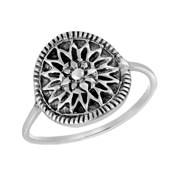 Stylish Sacred Mandala Flower Detailed Sterling Silver Band Ring-7