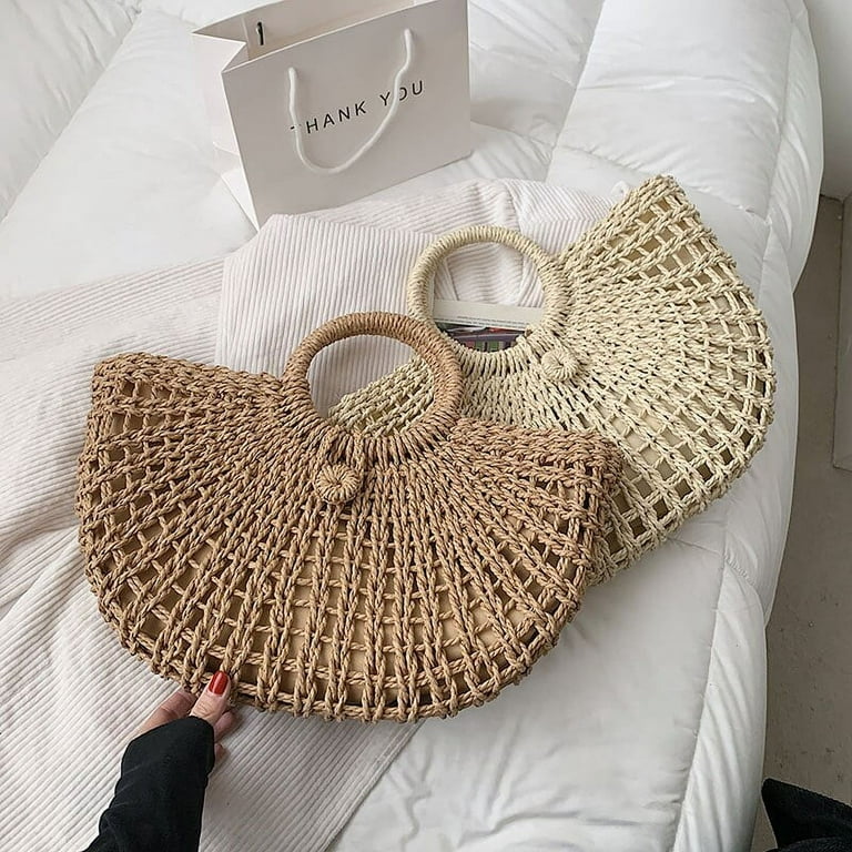 Pearl Flower Bag JBRUN Straw Woven Tote Bag With Pearl Flowers