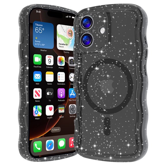 Magnetic Case for iPhone 17, Compatible with MagSafe, Magnetic Clear Curly Wavy Frame Wave Sparkly Bling Glitter Transparent TPU PC Girls Women Case for iPhone 17, Black