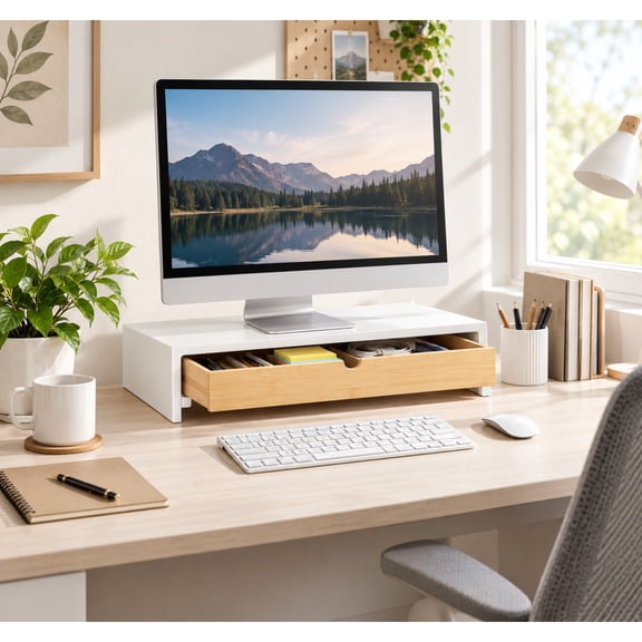 1-Pack White Monitor Stand with Bamboo Drawer, Desk Organizer & Monitor Riser for Home Office