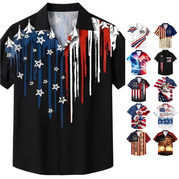 Huowey Boys Western Cowboy Print Shirt For 4Th Of July Stylish Flag Pattern Short Sleeve Button Down Shirts Turndown Collar Casual Youth 250 Years Celebration Anniversary Blouse,16-17 Years