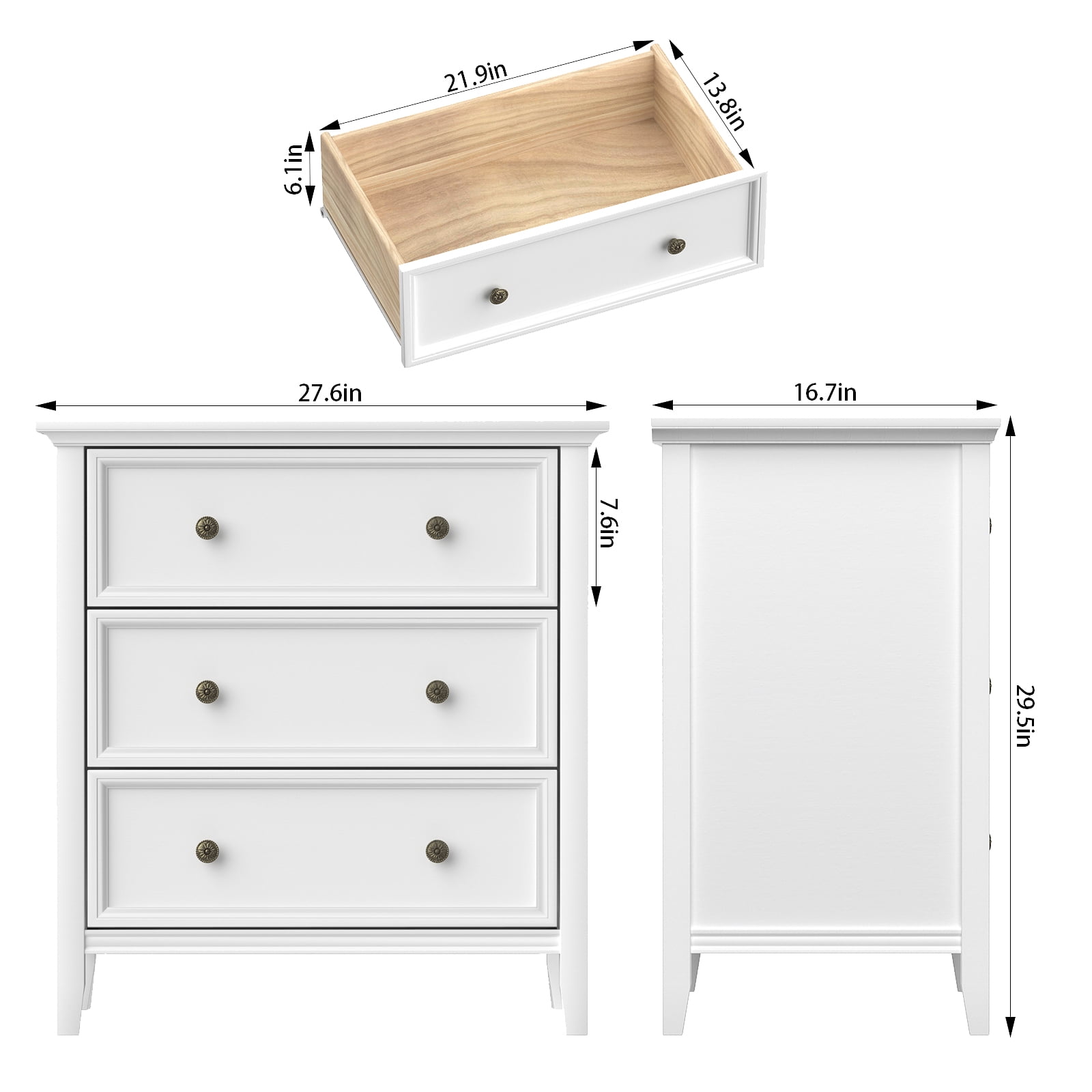 IKENO White Nightstand with 3 Drawers and Charging Station, Solid Wood Nightstand Organizer for Bedroom