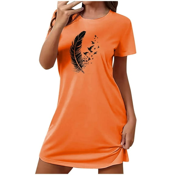 QQAMB Womens Oversized Nightgown Short Sleeve Printed Sleepshirts Cute Night Shirts Soft Pajama Sleepwear Nightdress Orange XL