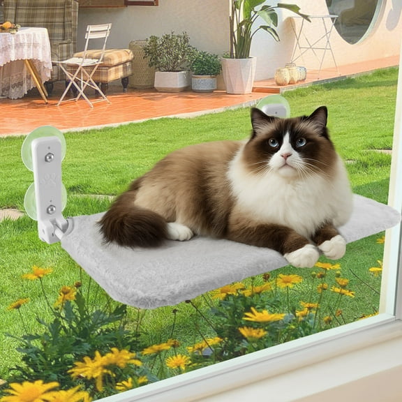 LANNEY Cat Window Perch, Foldable Cat Window Bed Holds 33 Lbs Indoor with 4 Suction Cups, Reversible Fabric Washable Cover, Grey