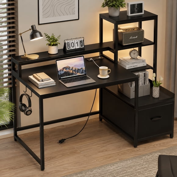 Escritorio para Computadora con LED y Enchufe (Negro) | Mesa para PC Industrial Mueble Oficina con 3 Repisas y Cajone Gamer Desk Grande para Recamara/Estudio/Sala150x48x125CM