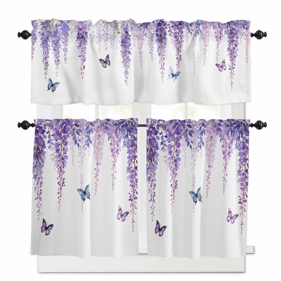 Spring Flower Kitchen Curtains Valances and Tiers Set of 3 Vintage Watercolor Purple Wisteria Floral Butterfly Tier Curtains and Valance for Kitchen Bathroom Small Windows 27.5"W x 36"L (Pack of 3)