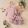 thumbnail image 2 of Newborn Baby Girls Ruffle Long Sleeve Ribbed Romper Top Bowknot Plaid Suspender Skirt Set For 0-18M Infant Girl Winter Dress Outfits, 2 of 10
