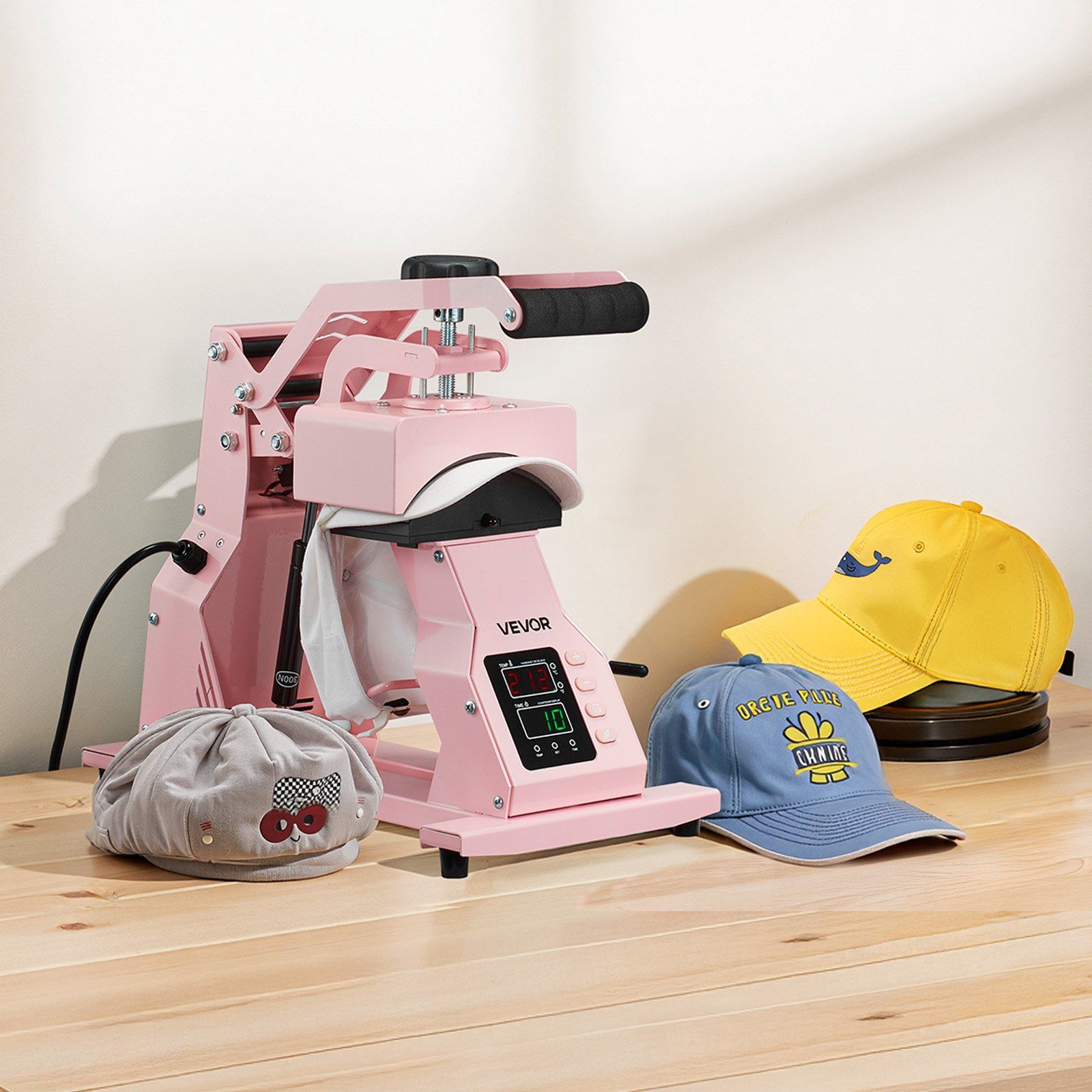 Hat Heat Press Machine for Caps, 2-in-1 Pink Heat Transfer Press with Dual Heating Platens, Digital LCD Time & Temperature Control, Adjustable Pressure, Fits Baseball Caps, Berets & Peaked Hats
