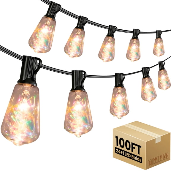PHOPOLLO 100 ft ST38 Outdoor String Lights with 24 1 Shatterproof LED Bulbs (E12 Base), Waterproof Hanging Vintage Edison Lights for Patio, Garden, Christmas Decor