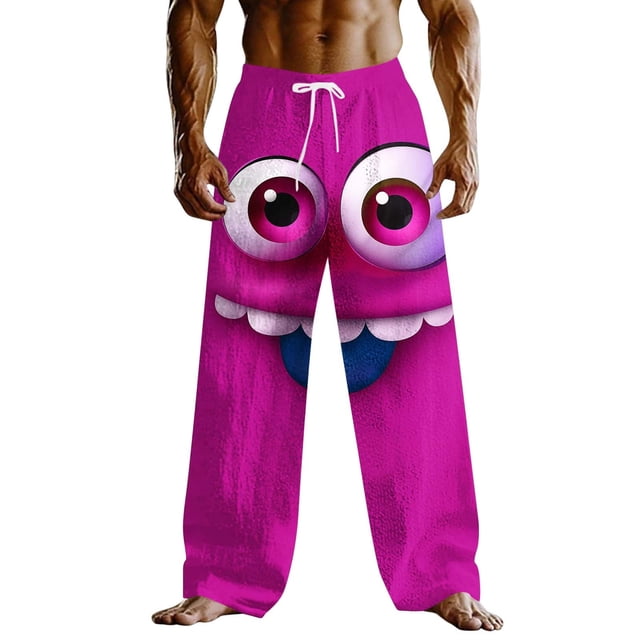 Wo-Fusoul Pants for Men, Loose Fit Casual Trousers with Elastic Drawstring Waist and Pockets, Mid Rise Cartoon Smiling Face Design, for Outdoor Vacation and Home