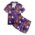 thumbnail image 4 of NIEWTR Girls Pajamas 2 Piece Halloween Pumpkin Print Pajama Set Button Down Short Sleeve Shirt and Shorts Sleepwear Girls Halloween Pajamas Sets (6-7 Years,Purple), 4 of 5
