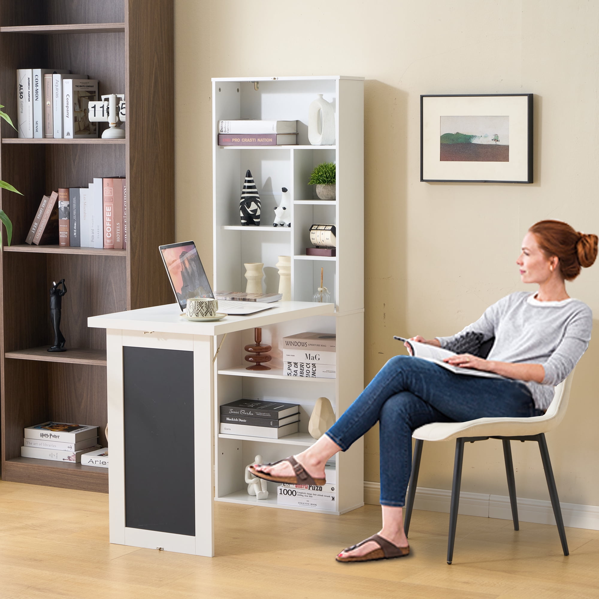 Fold-out Convertible Writing Desk Wall Mount Table Cabinet with Blackboard and Storage Shelves Space-Saving Murphy Desk for Home Office Living Room Bedroom