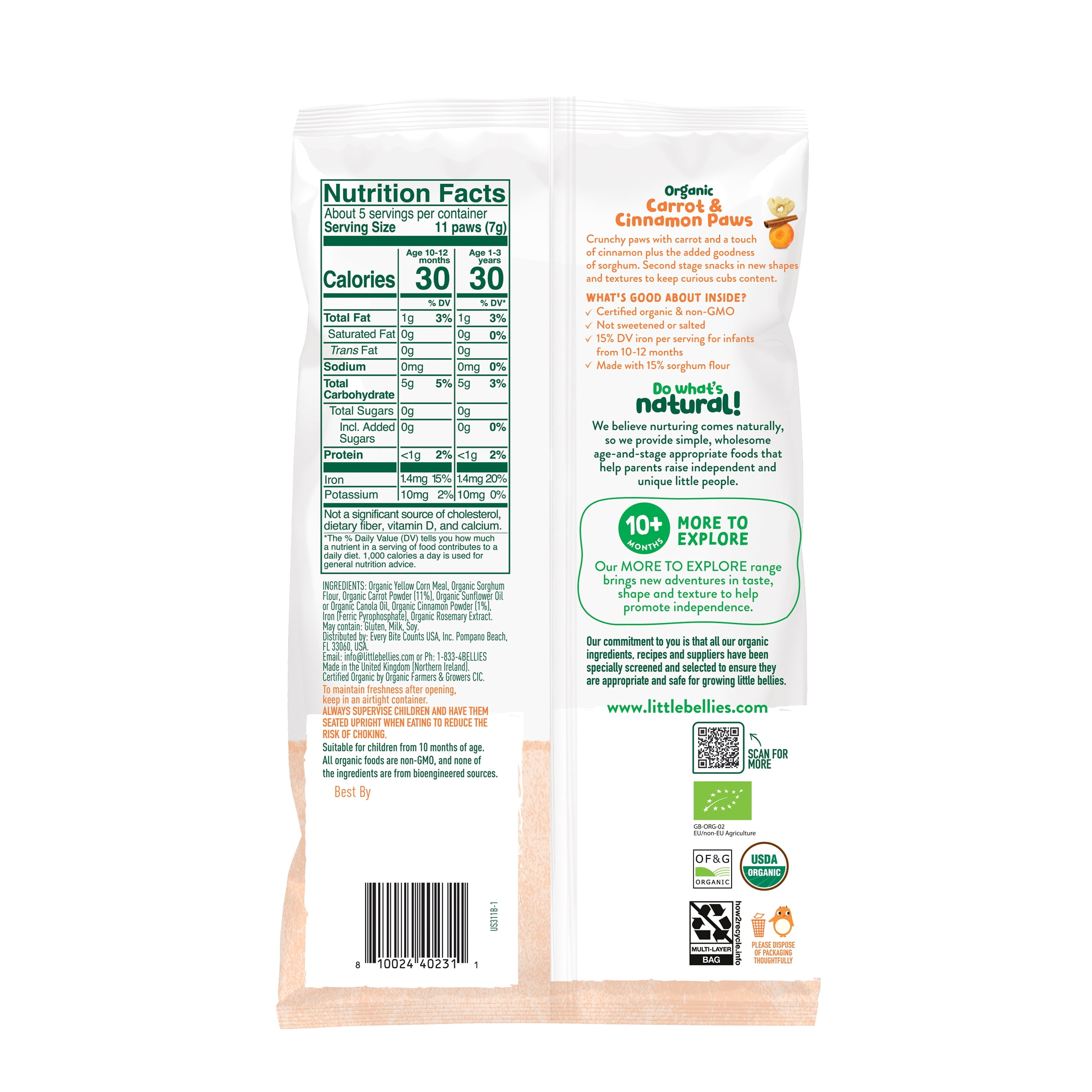 Little Bellies Organic Carrot & Cinnamon Paws, 1.25 oz