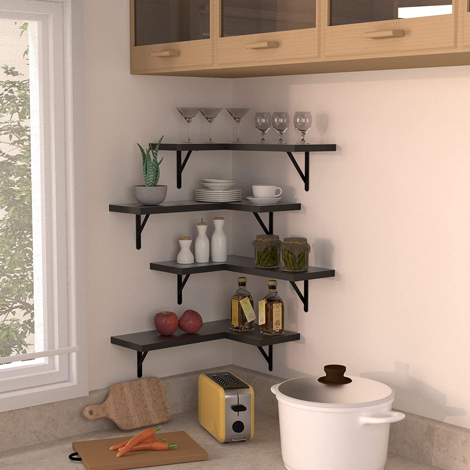 Corner Floating Shelves Set of 4, Corner Shelves Wall Mounted, for Bedroom Kitchen Living Room Bathroom Office- Gothic Style (Black, Set of 4)