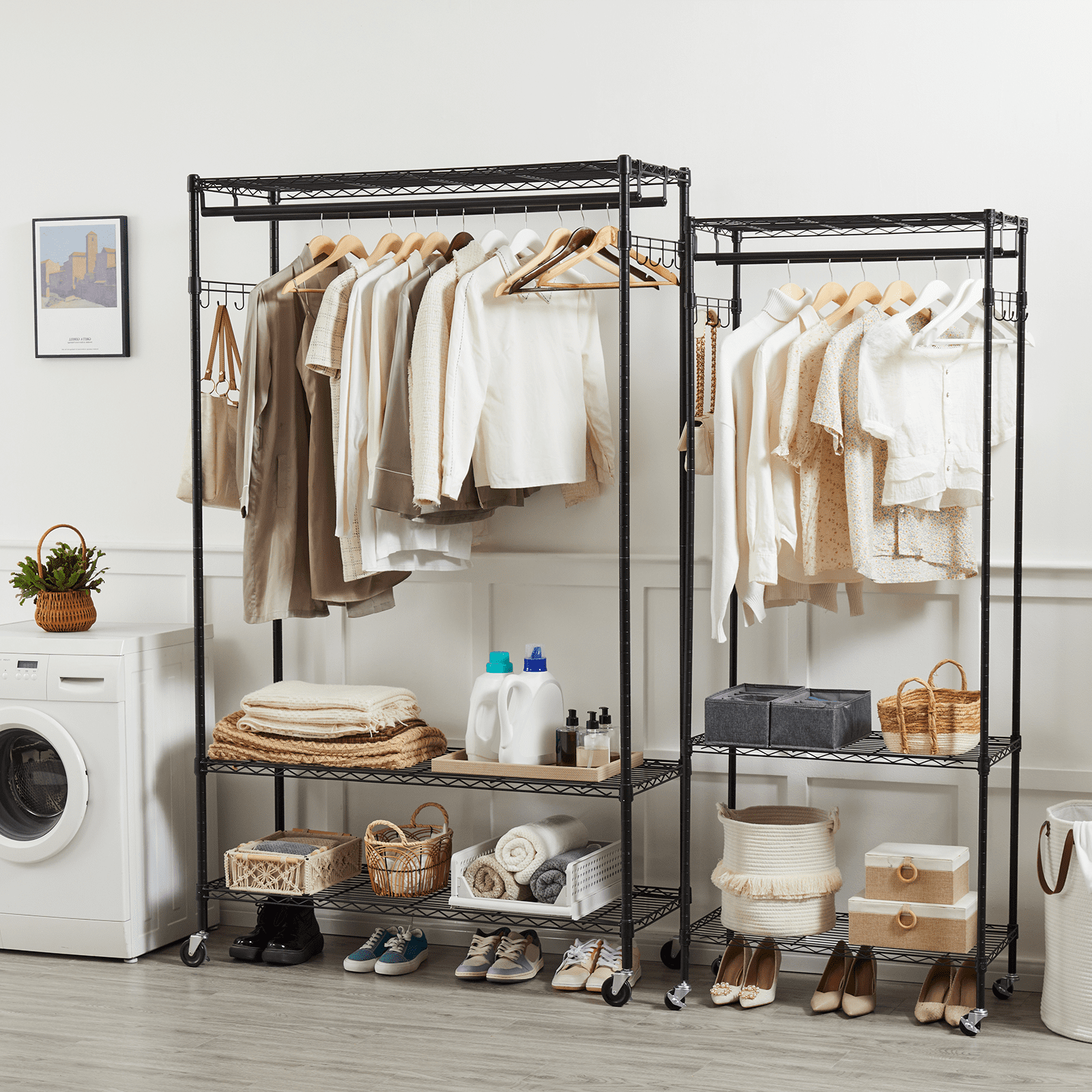 Aukfa Adjustable Rolling Clothes Rack with Bar & Shelves for Hanging Clothes,Black