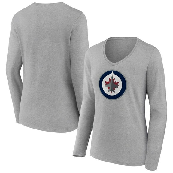 Women's Heather Gray Winnipeg Jets Primary Logo Team Long Sleeve V-Neck T-Shirt