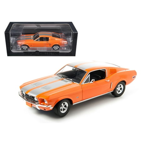 Mustang Gt Racing Stripes (1968 Ford Mustang GT Fastback Orange with Silver Stripes Limited Edition 1 of 999 Produced Worldwide 1/18 Diecast)