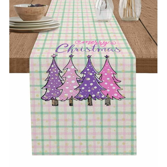 Ldtrchee Purple Pink Christmas Tree Table Runner 72 Inches, Xmas Snowflake Plaid Rustic Bed Runner Dresser Scarves Tabletop for Indoor Outdoor Parties/Ceremony/Banquet, 14" x 72"