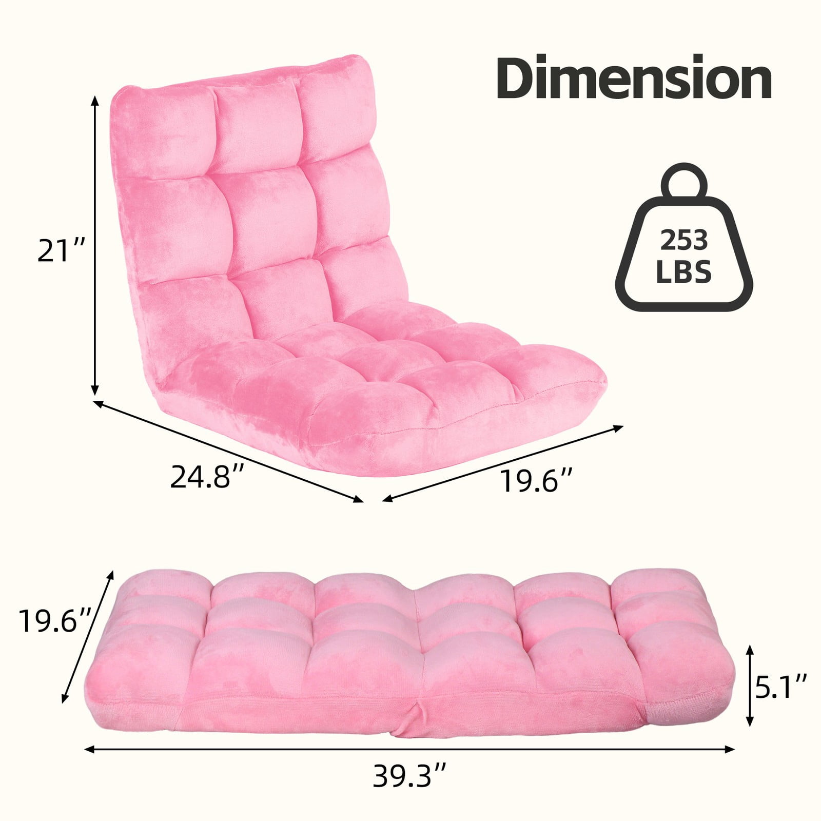 WDZS 14-Position Folding Floor Chair Gaming Sofa Cushioned Padded Reclining Bed Lounge Couch Seating for Comfy Reading, Reading, Gaming, Relaxing, Watching TV,Pink