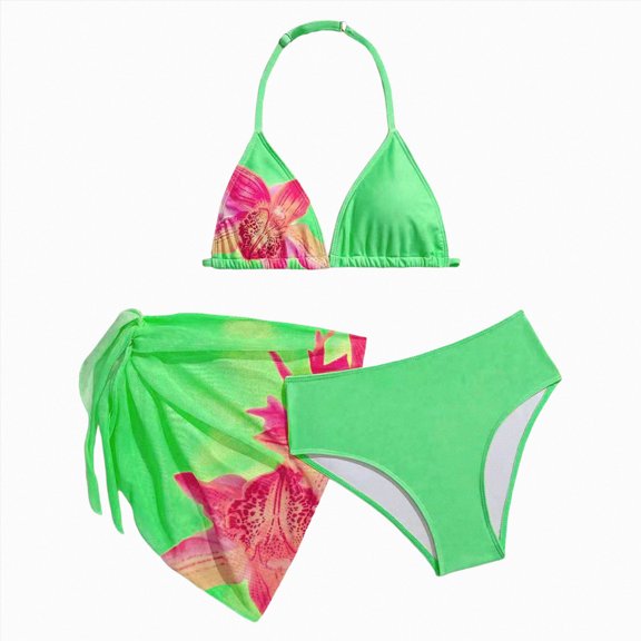 BOBOGOJP Girl's 3 Piece Swimsuits Floral High Waisted Bikini Bathing Suit with Mesh Coverups Skirt (Green, 8-9 Years)